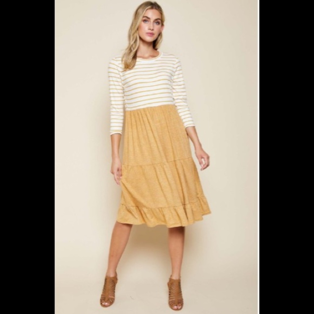 Solid Tiered Dress with Stripes